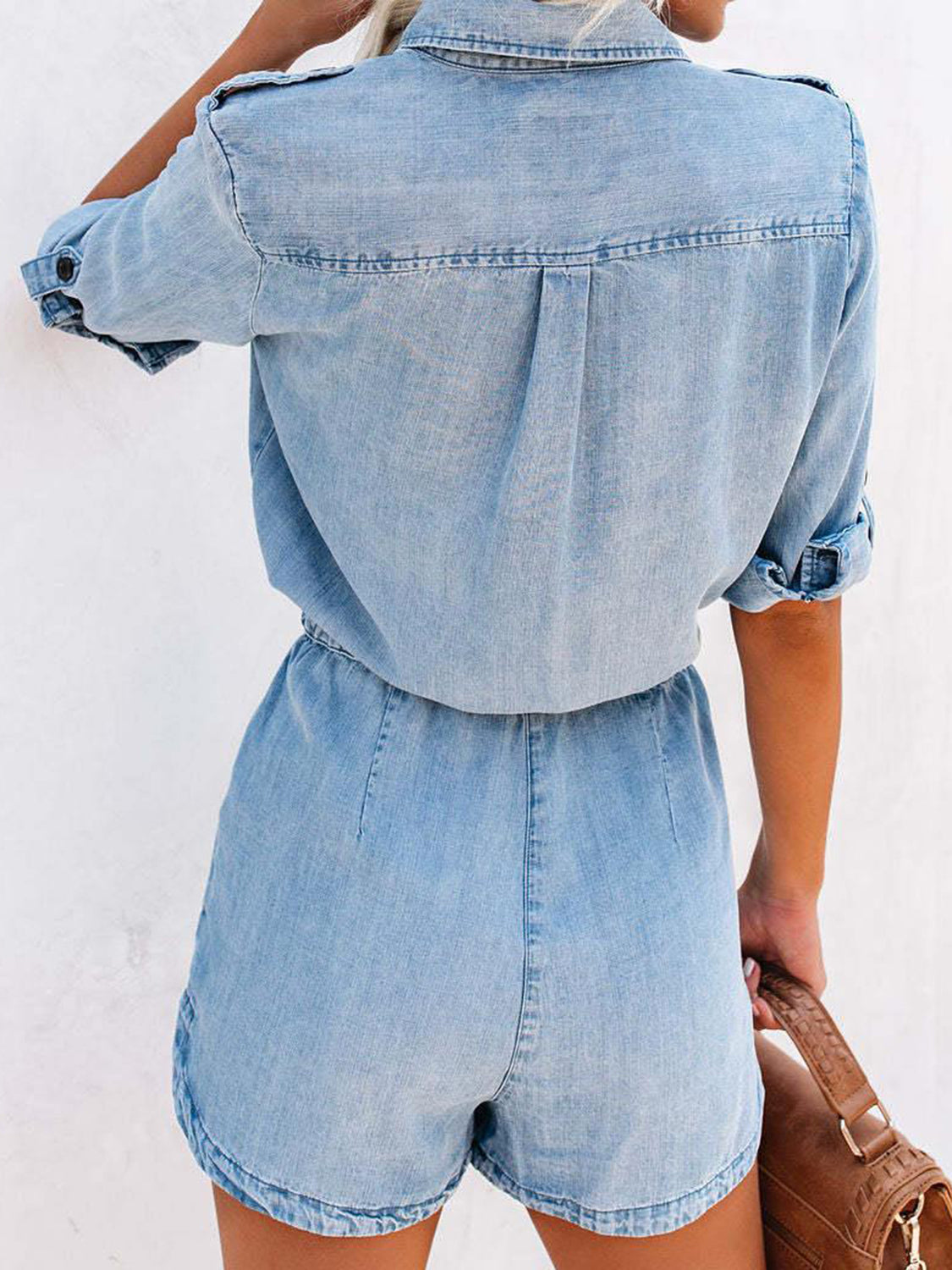 Classic Half Sleeve Denim Romper with Button Front and Drawstring Waist for Women