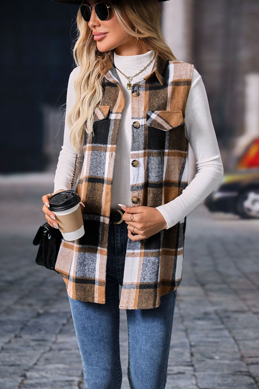 Women's Versatile Plaid Vest Coat with Button Closure - Ideal for Layering