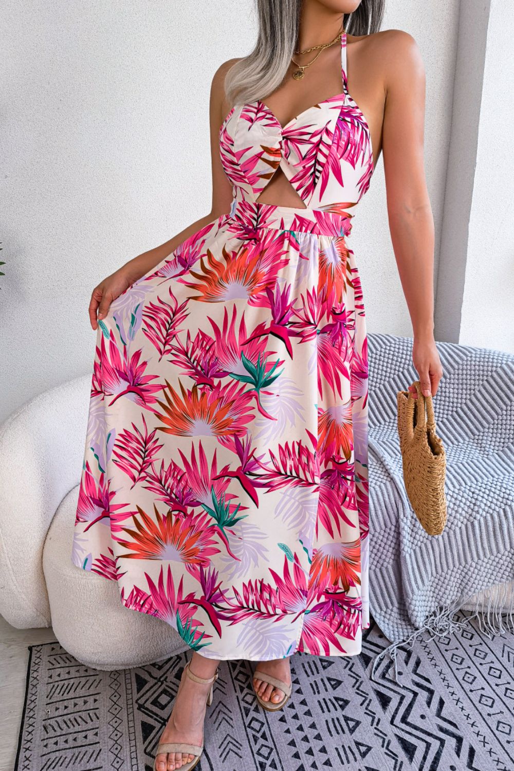 Boho Chic Botanical Print Dress with Tied Neckline and Cutout Slit for Women