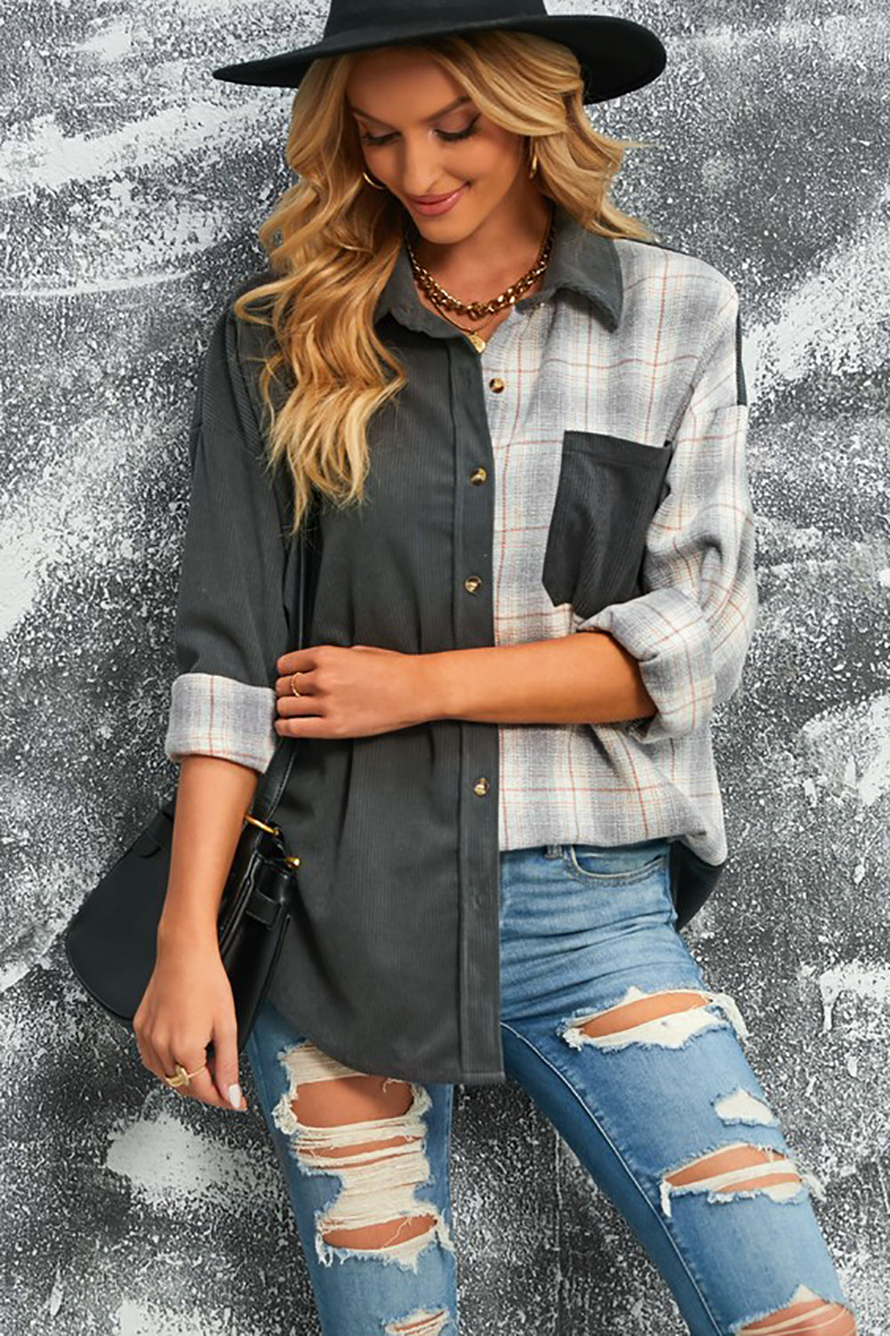 Women's Double Take Plaid Color Block Corduroy Shacket with Dropped Shoulders