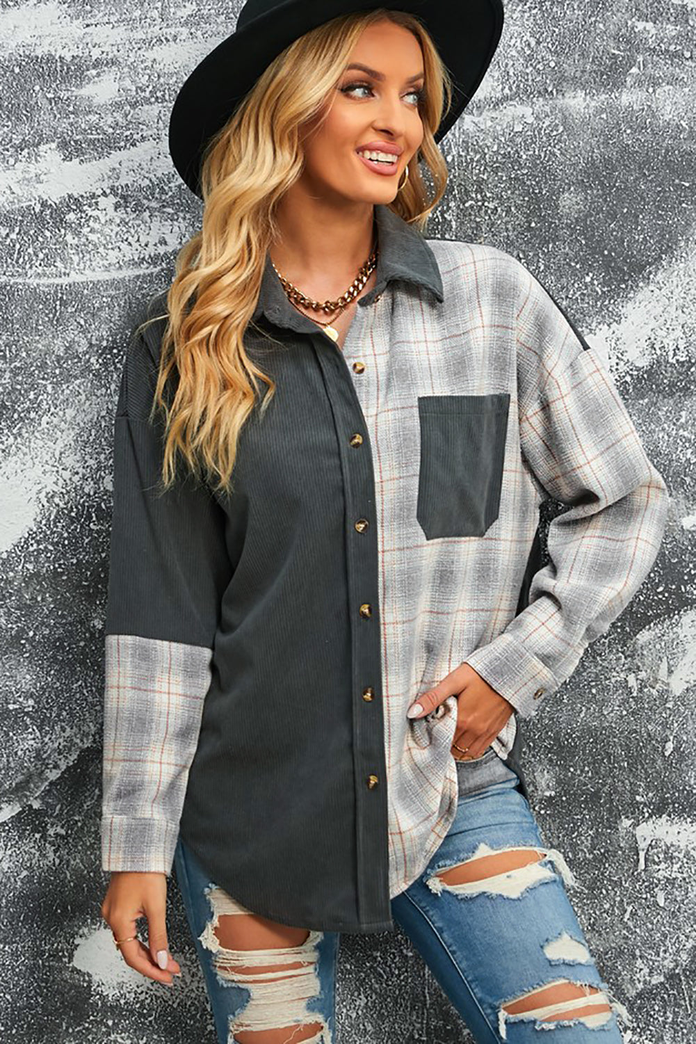 Women's Double Take Plaid Color Block Corduroy Shacket with Dropped Shoulders