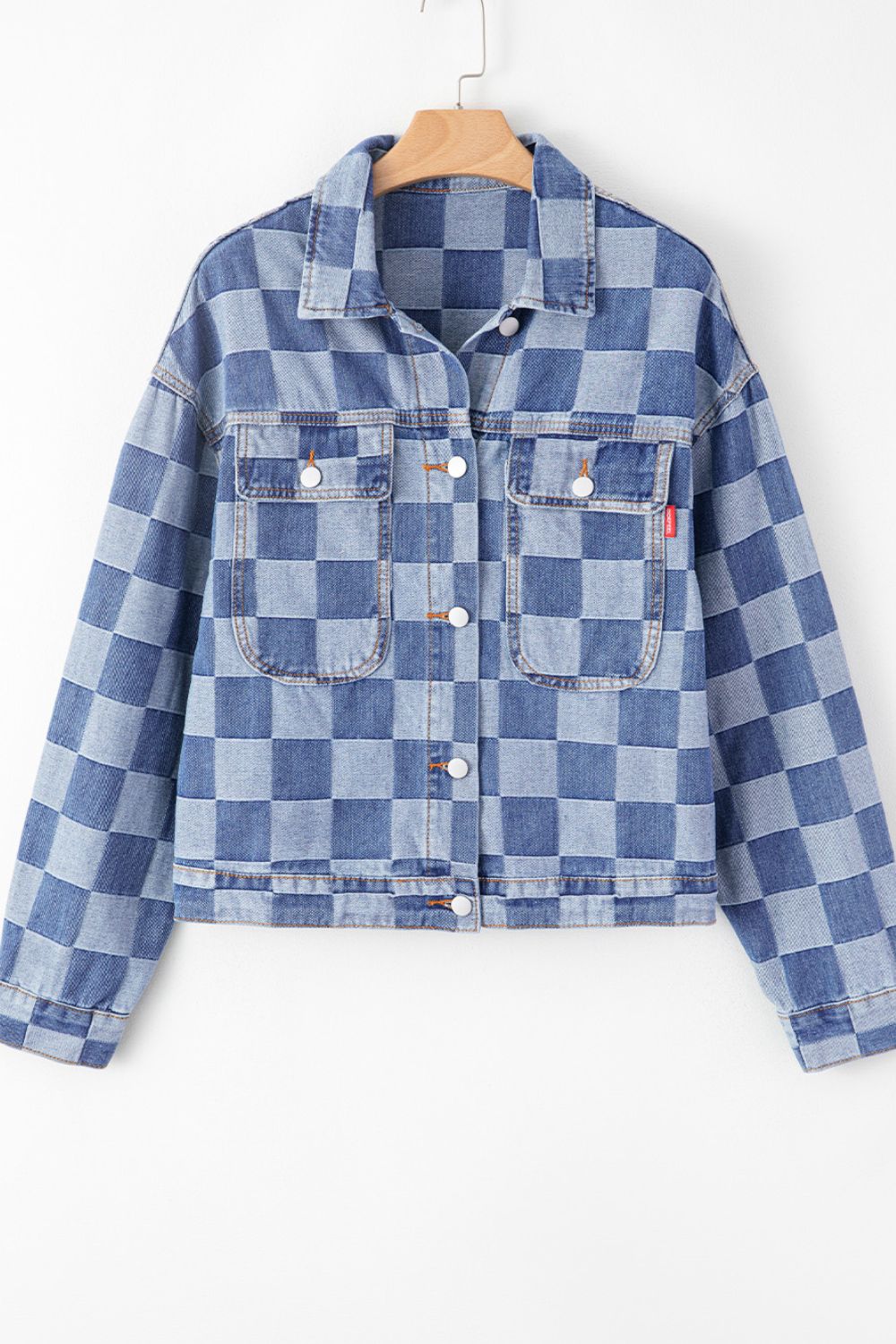 Women's Stylish Checkered Button-Up Denim Jacket with Pockets | Durable Cotton-Polyester Blend