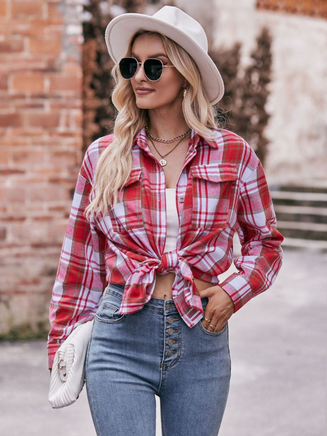 Women's Plaid Longline Shirt with Pockets - Dropped Shoulder Oversized Design