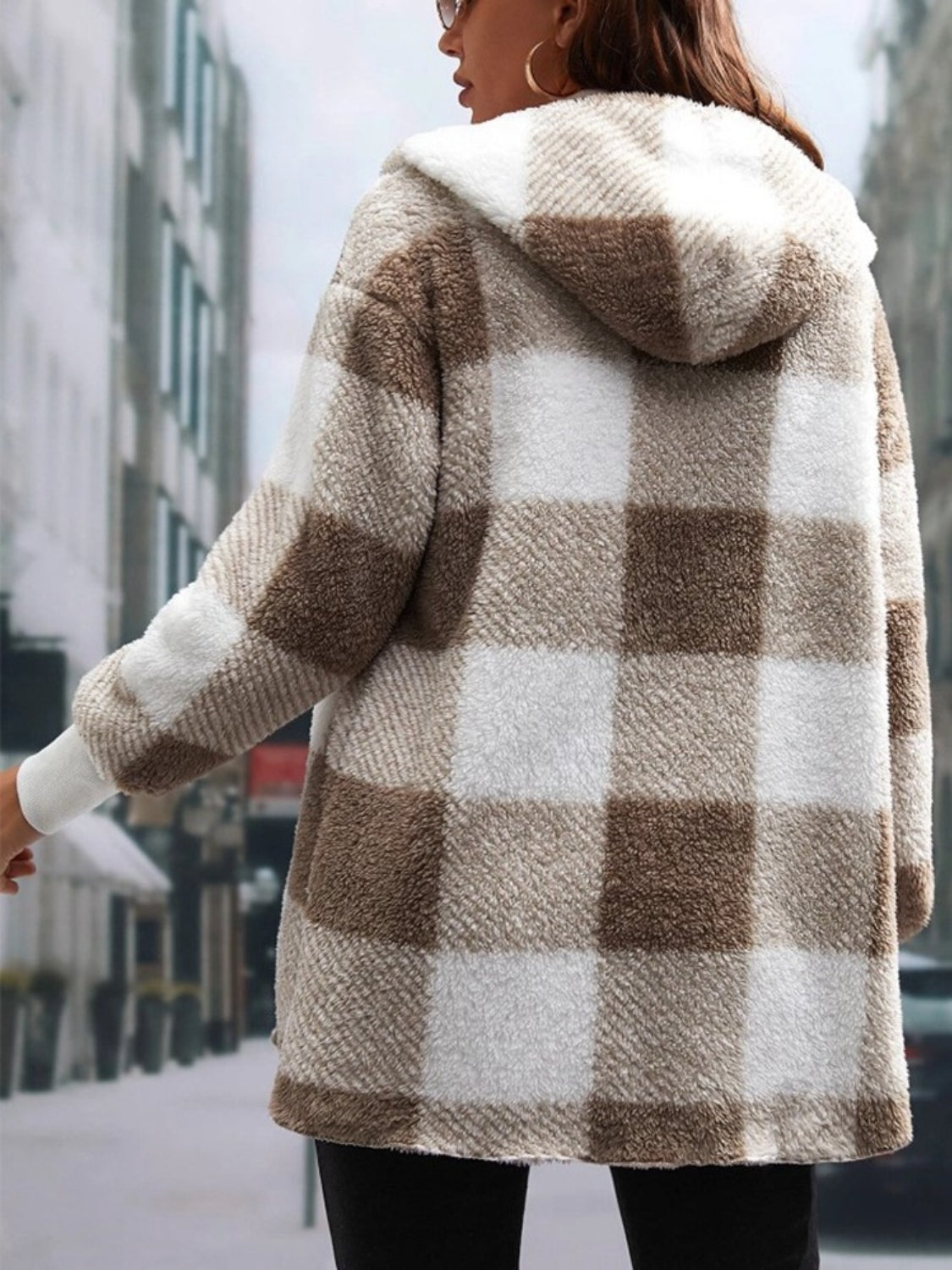 Women's Plaid Long Sleeve Hooded Coat with Comfortable Non-Lined Design