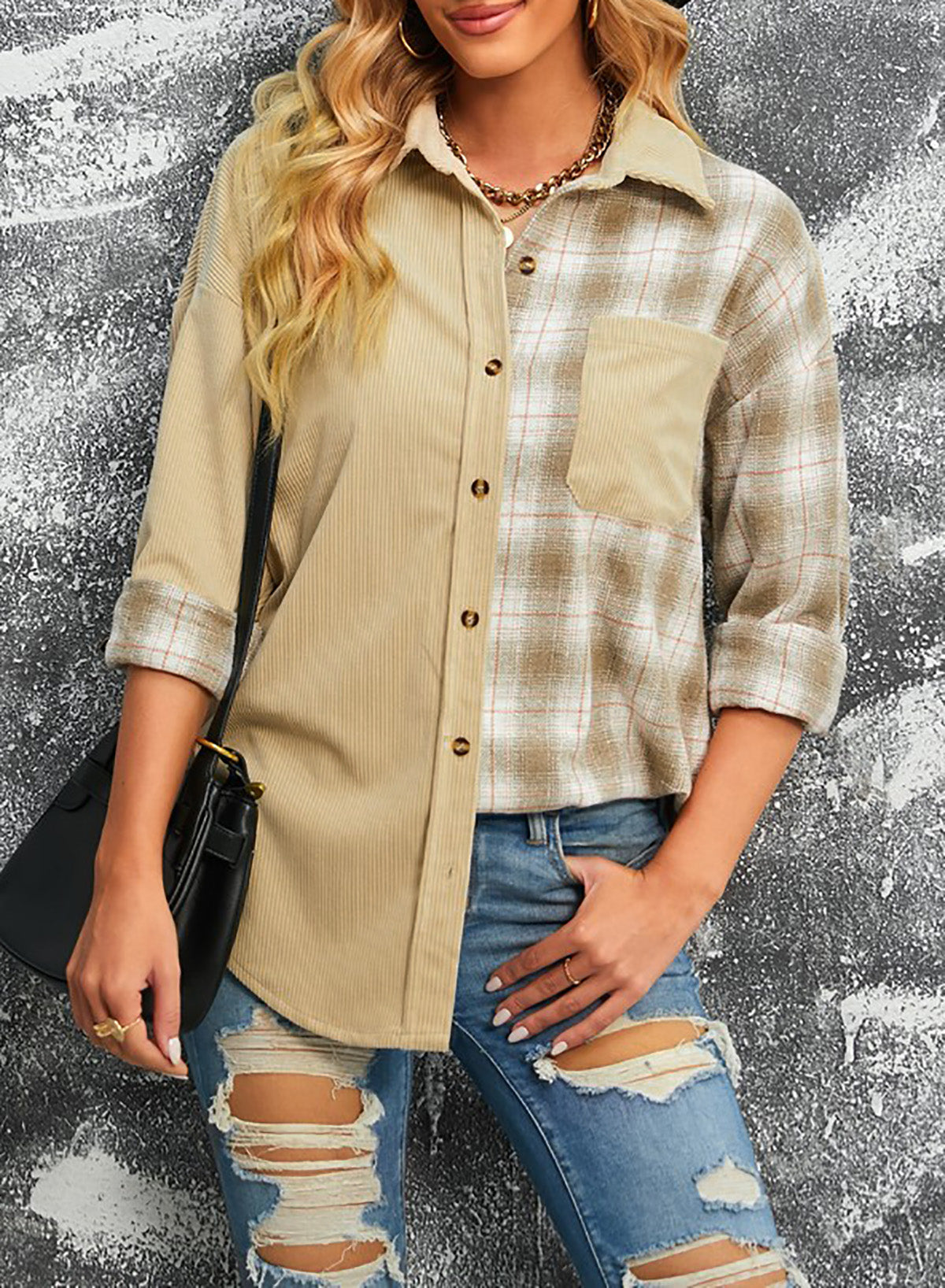 Women's Double Take Plaid Color Block Corduroy Shacket with Dropped Shoulders