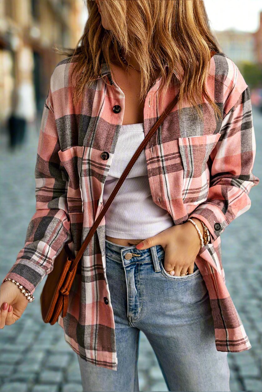 Double Take Plaid Long Sleeve Shirt with Pockets for Women