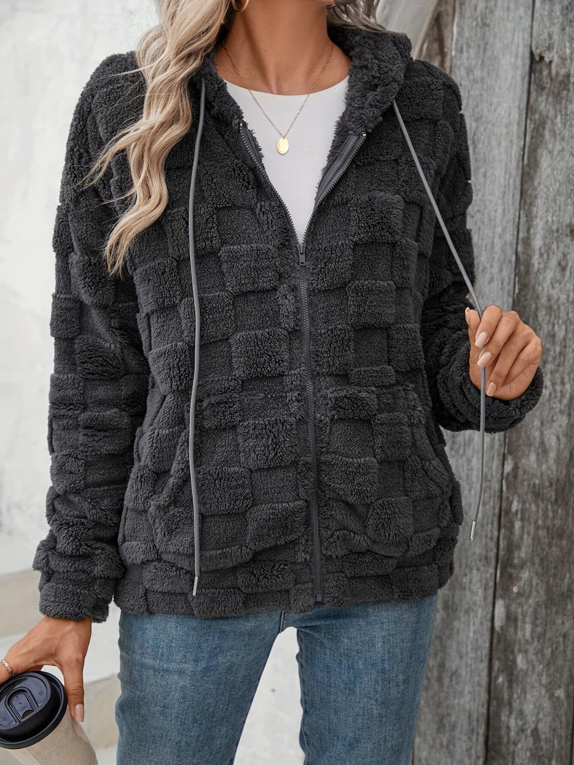 Women's Checkered Fuzzy Zip-Up Jacket with Adjustable Drawstring Waist | Lightweight, Cozy, and Machine Washable Outerwear