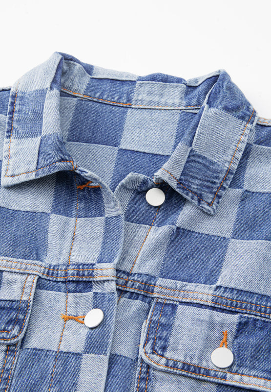 Women's Stylish Checkered Button-Up Denim Jacket with Pockets | Durable Cotton-Polyester Blend