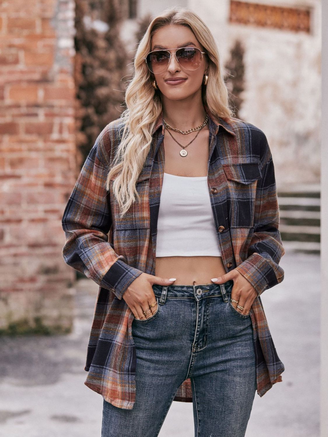 Women's Plaid Longline Shirt with Pockets - Dropped Shoulder Oversized Design