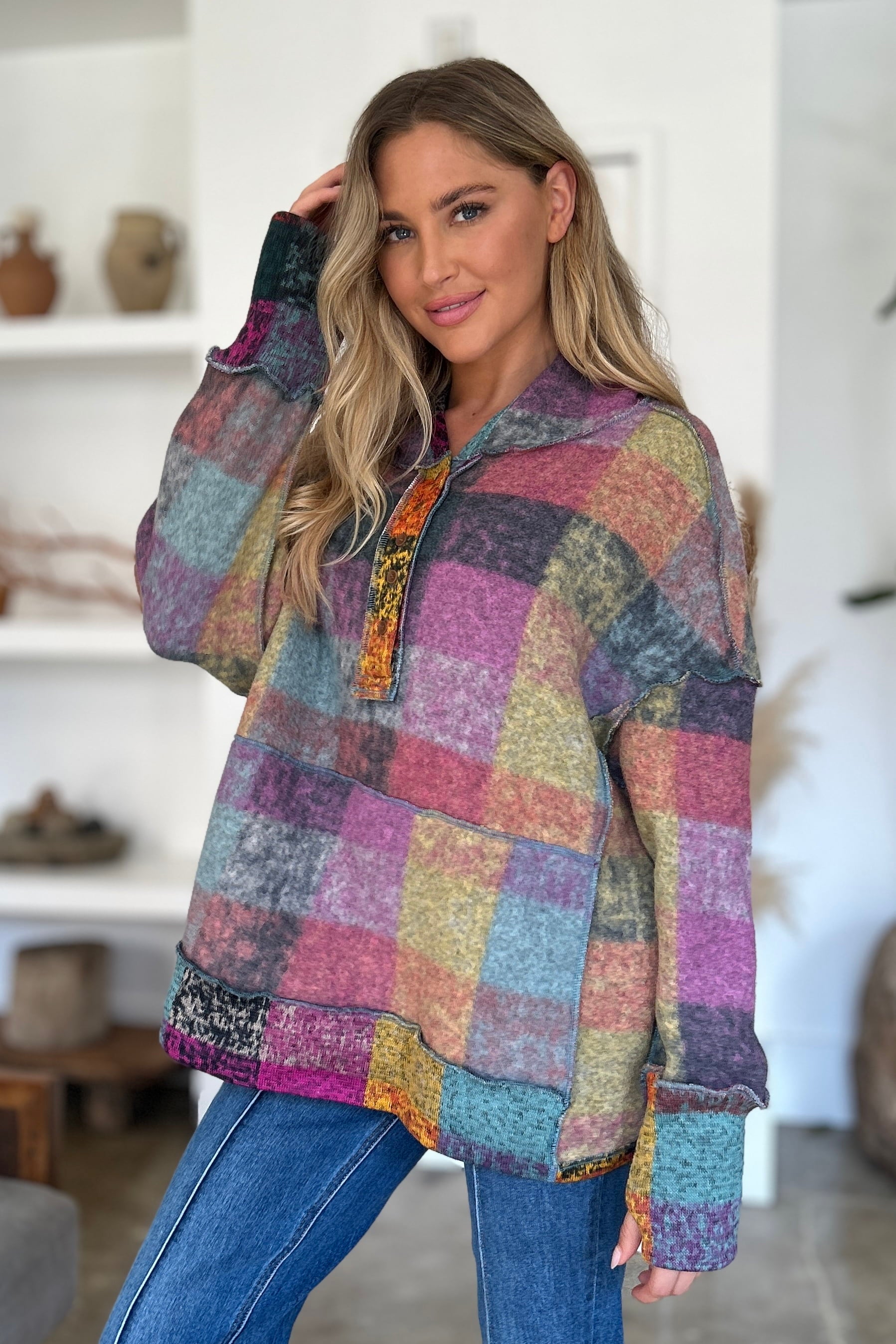 Women’s Oversized Plaid Hoodie with Dropped Shoulders and Pocket