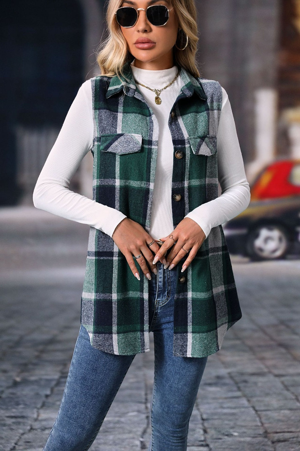 Women's Versatile Plaid Vest Coat with Button Closure - Ideal for Layering