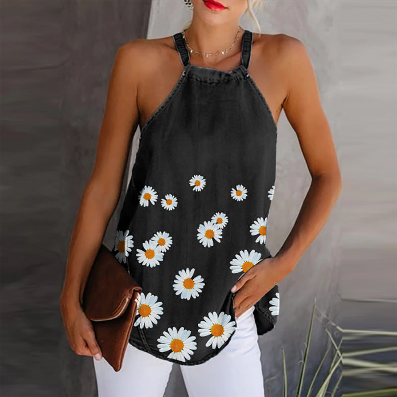 Women's Denim Camisole Top with Printed Small Daisy Pattern