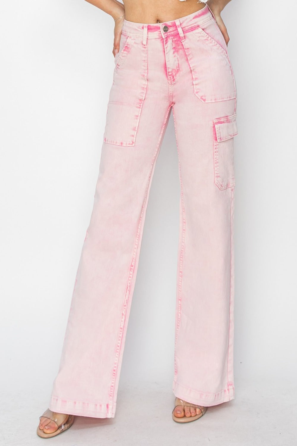 Women's Acid Pink High Rise Cargo Pocket Jeans by RISEN | Full Size Fashionable Denim