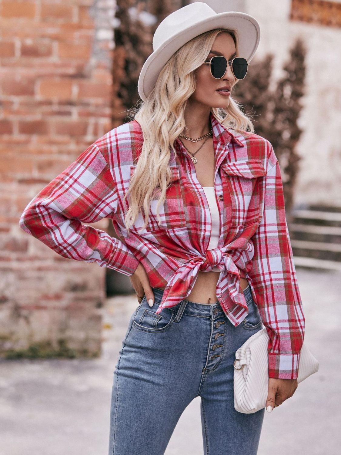 Women's Plaid Longline Shirt with Pockets - Dropped Shoulder Oversized Design