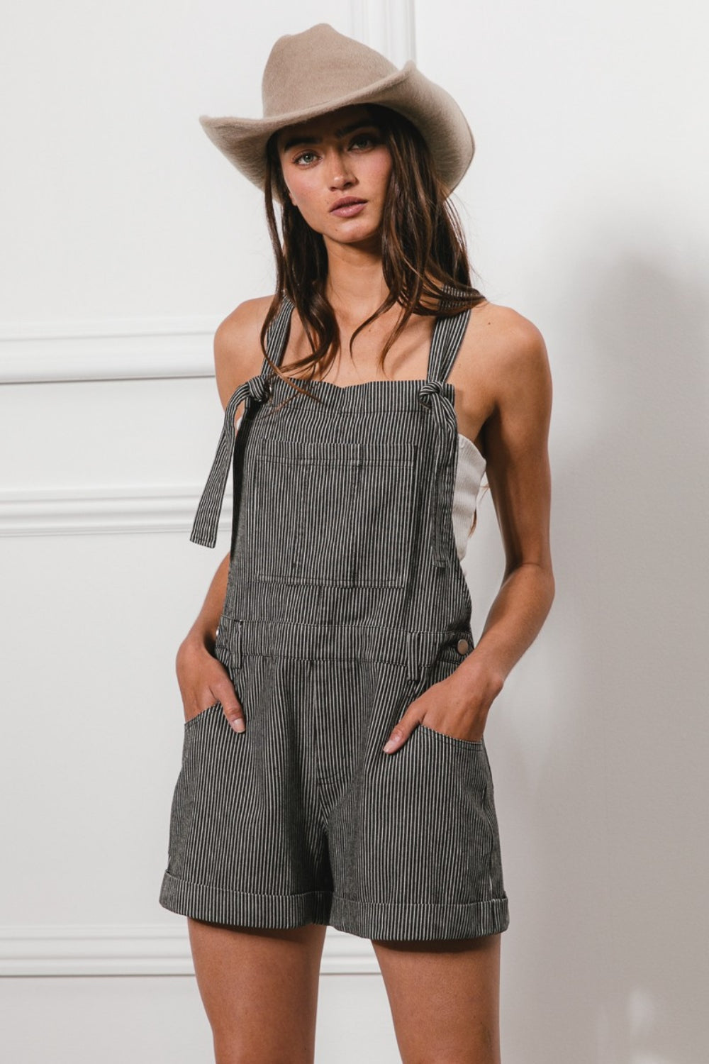 BiBi Washed Stripe Denim Overalls with Tie Straps for Women - Perfect for Summer