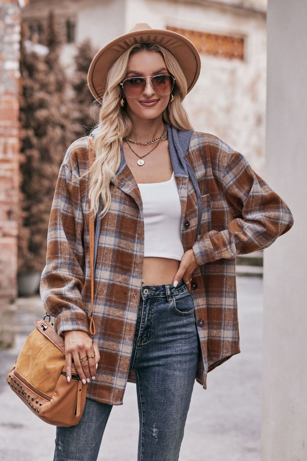 Mandy Women's Hooded Longline Plaid Jacket - Dropped Shoulders and Casual Style