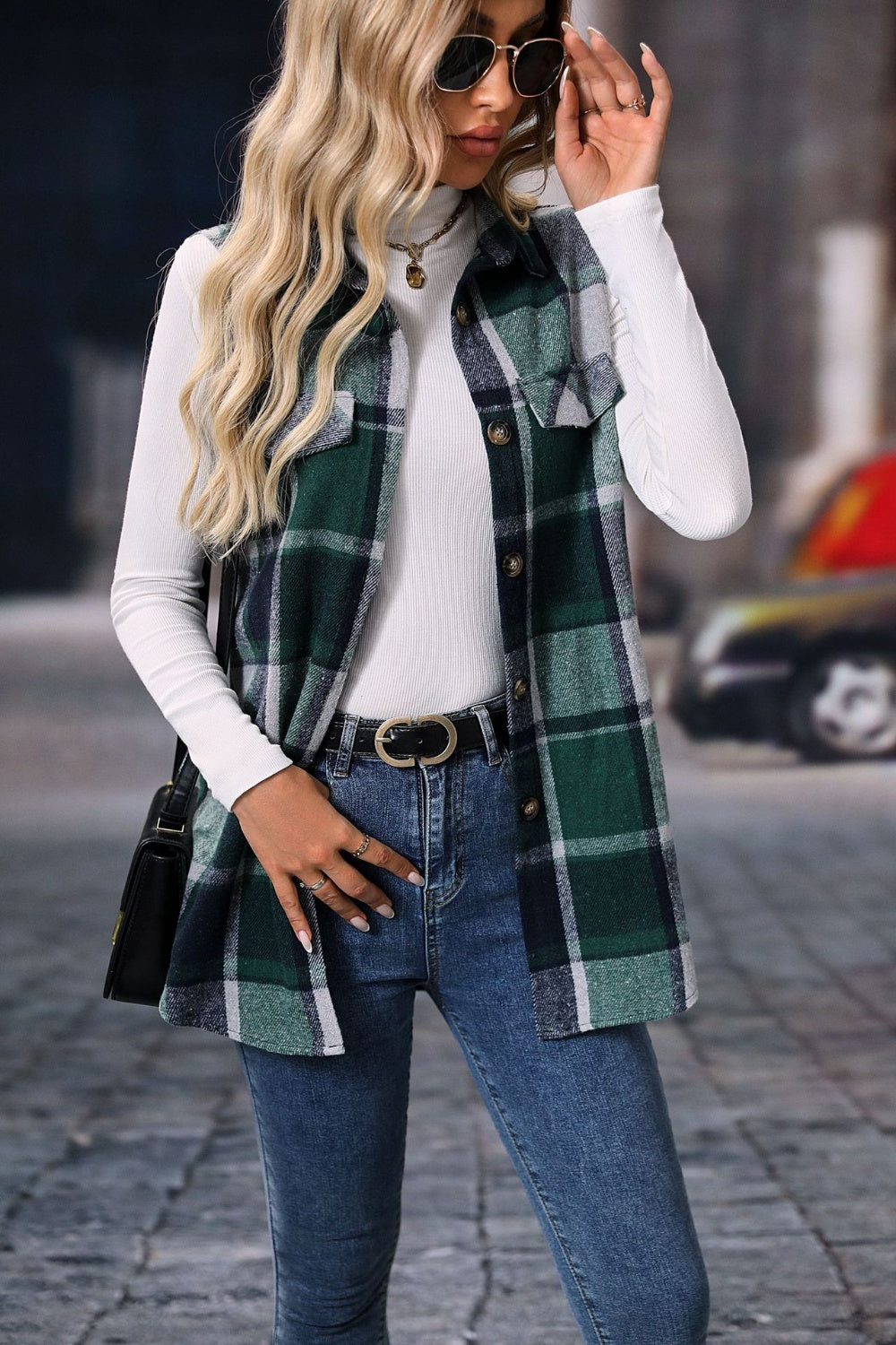 Women's Versatile Plaid Vest Coat with Button Closure - Ideal for Layering