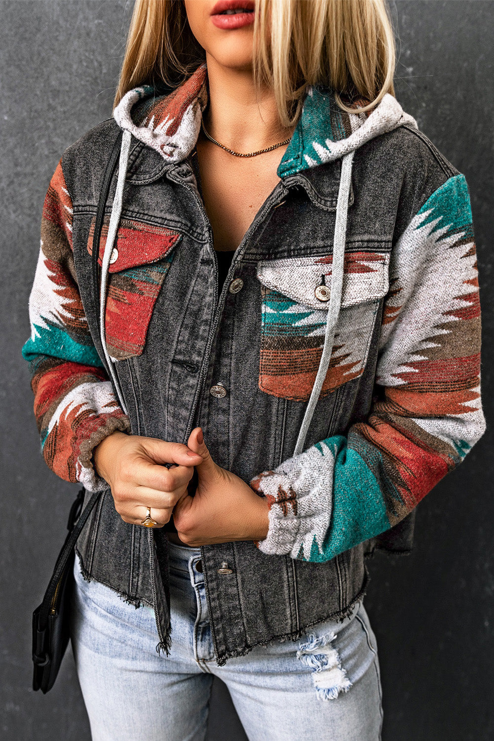 Women's Adjustable Drawstring Hooded Denim Jacket with Pockets and Western-inspired Patchwork