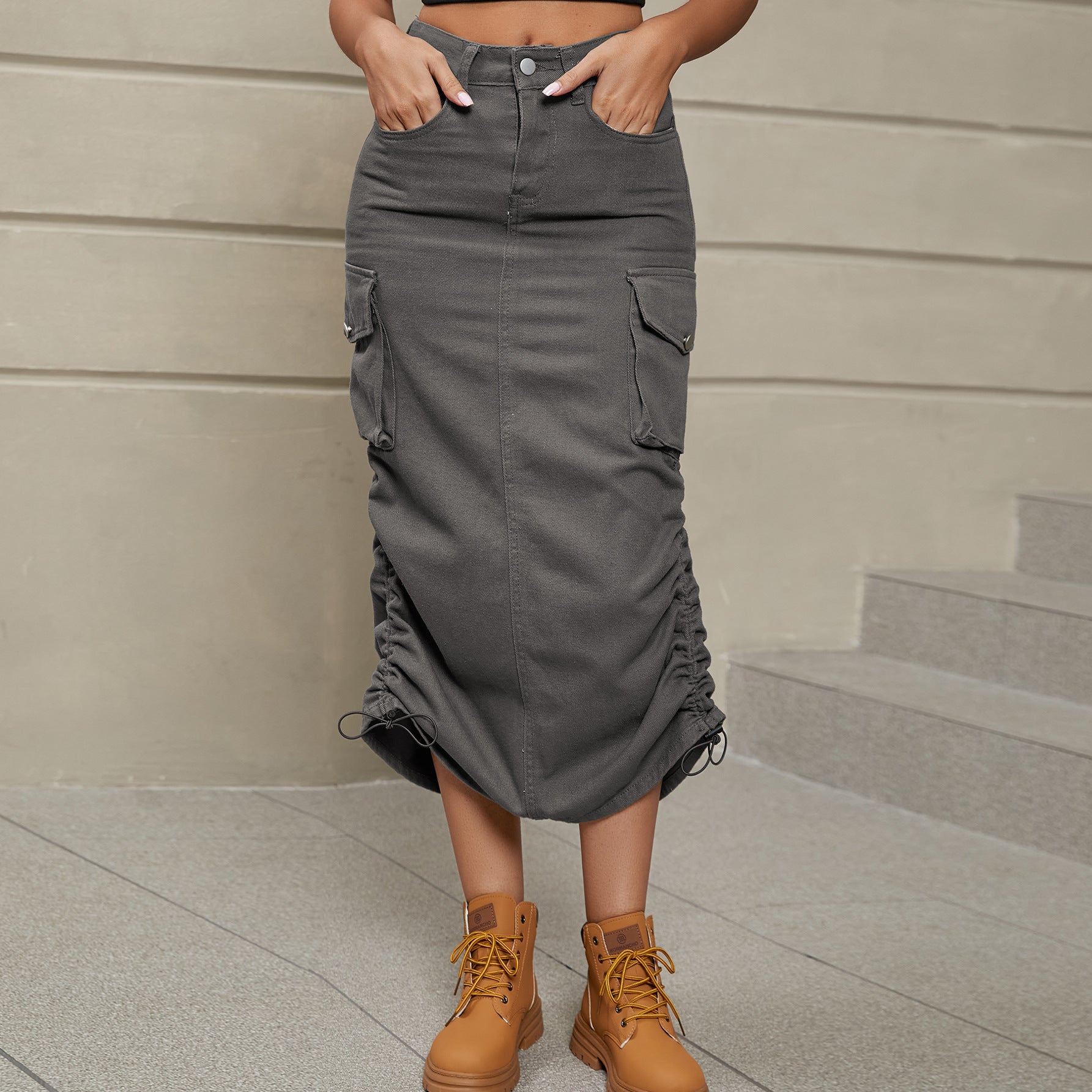 Stylish Women's Denim Midi Skirt with Drawstring - Ruched Design and Slit