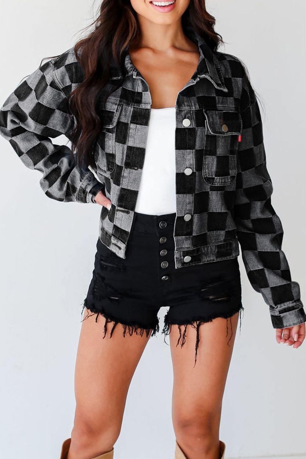 Women's Stylish Checkered Button-Up Denim Jacket with Pockets | Durable Cotton-Polyester Blend