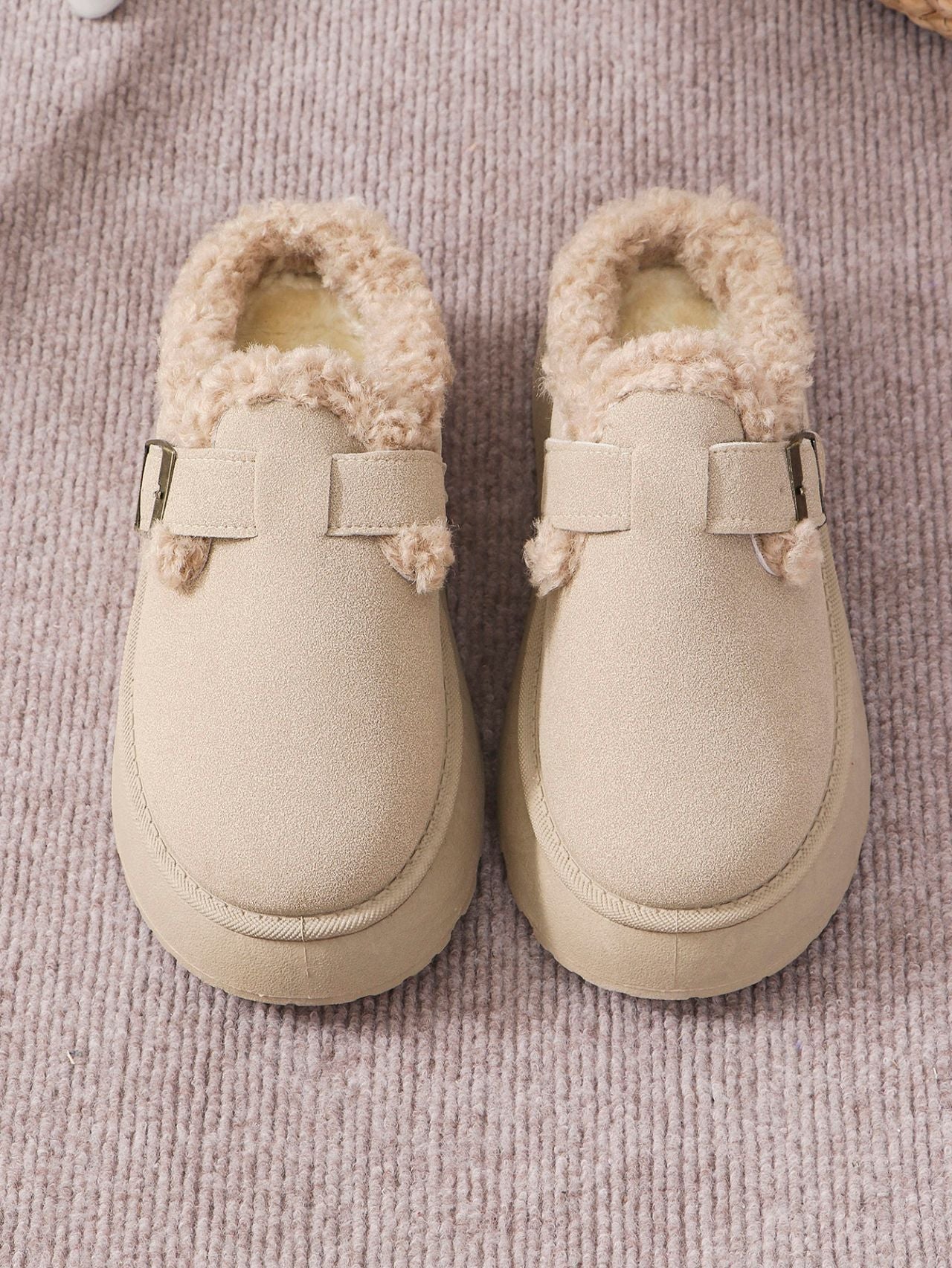 Warm and Cozy Women's Thermal Faux Fur Buckle Platform Slippers | Ultra Soft and Comfortable