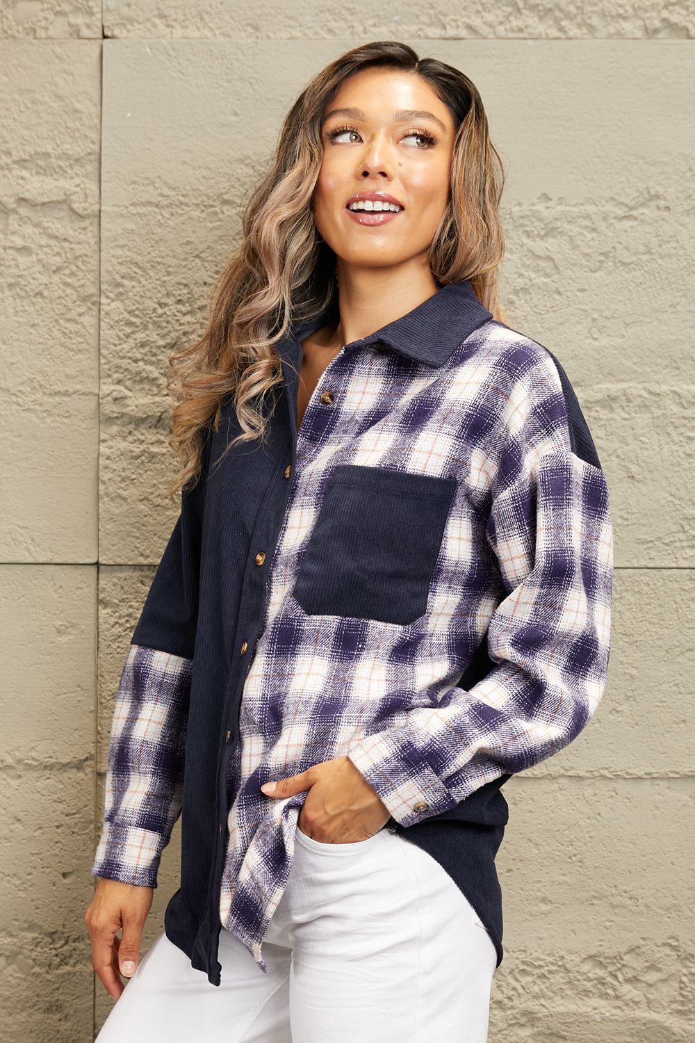 Women's Double Take Plaid Color Block Corduroy Shacket with Dropped Shoulders