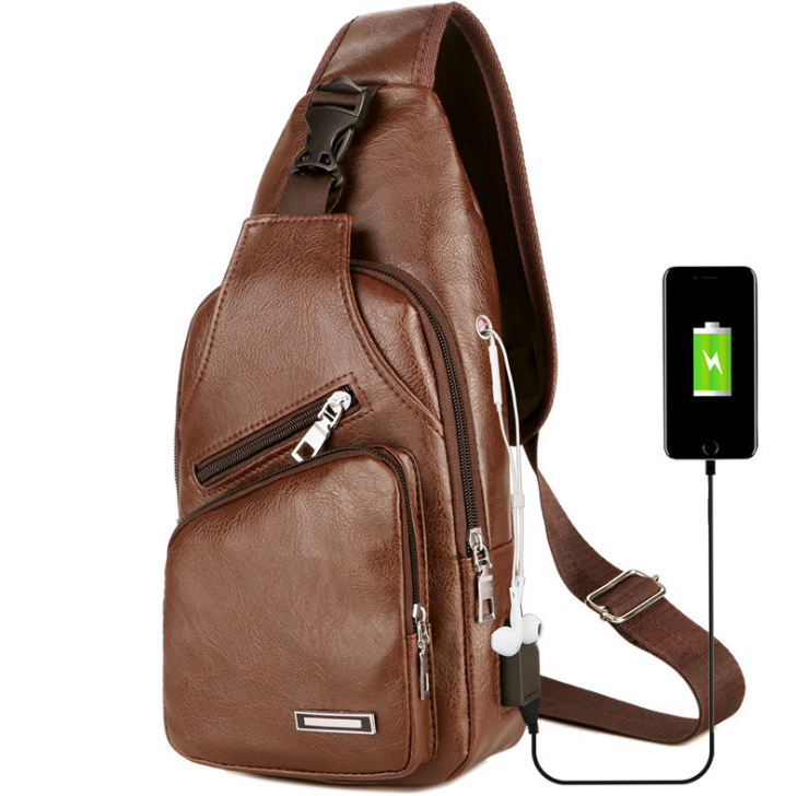 USB Portable Charging Chest Bag Messenger Bag with Adjustable Shoulder Strap & Soft Wear-resistant PU Leather & Front Pockets