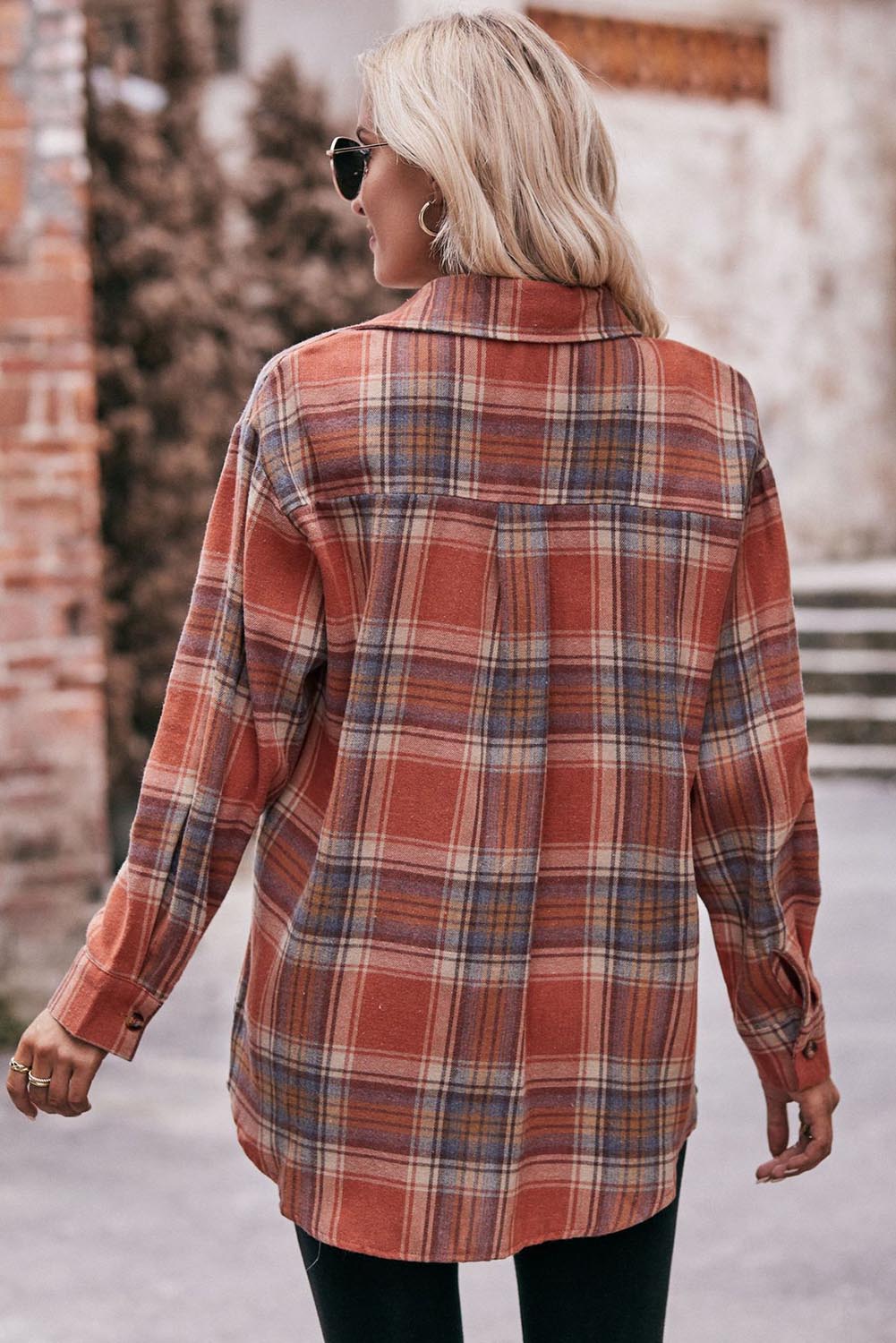 Women's Pocketed Plaid Button Up Dropped Shoulder Shirt