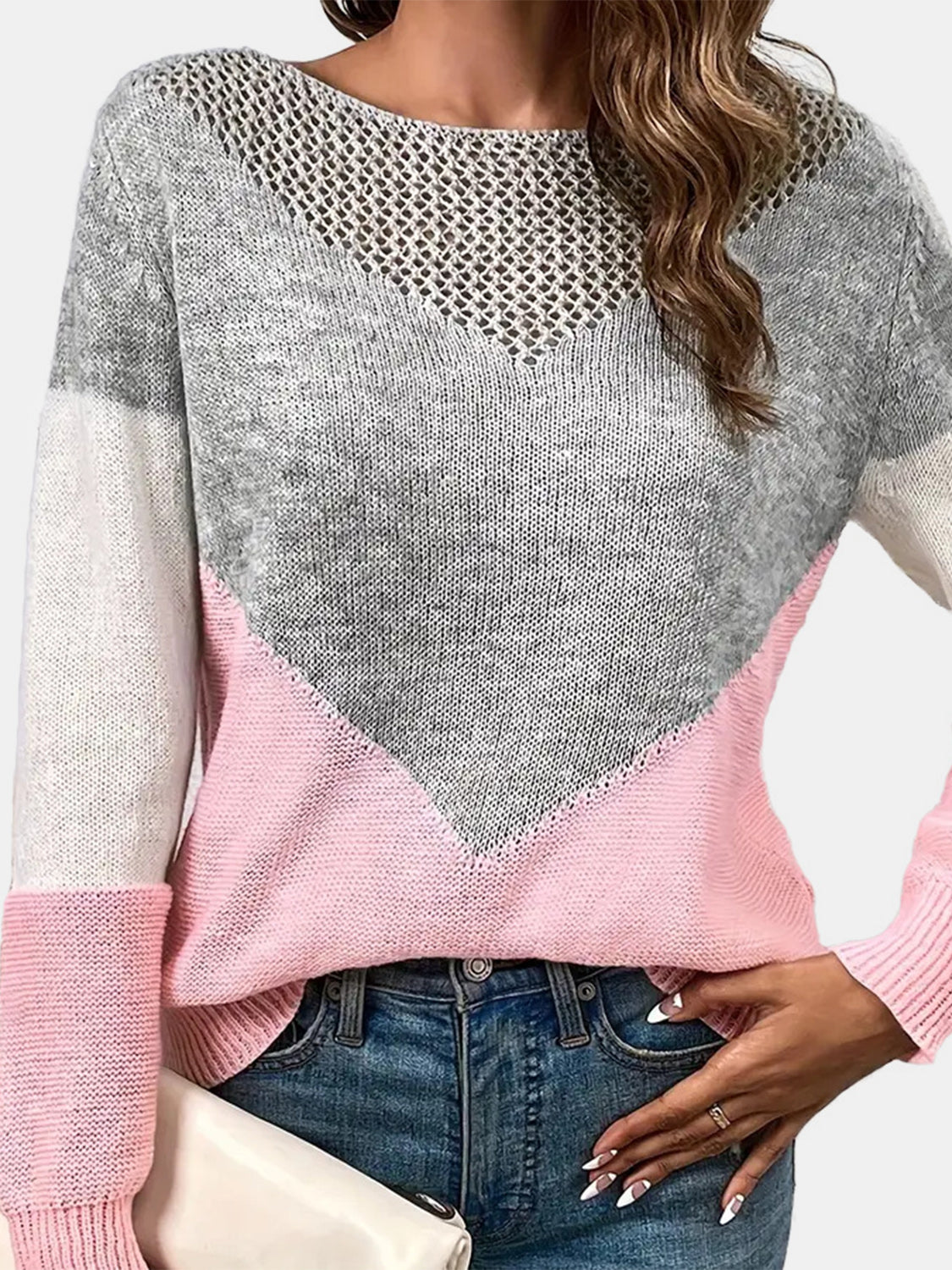 Women's Round Neck Long Sleeve Openwork Contrast Knit Top | Elegant and Comfortable Sweater