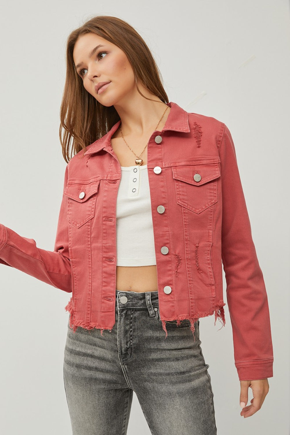 Women's RISEN Cropped Denim Jacket with Raw Hem and Button-Up Style