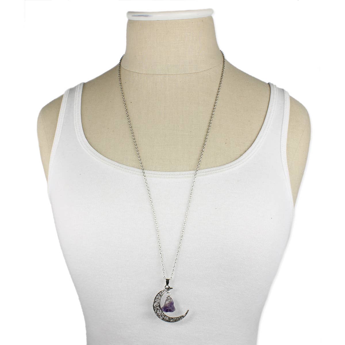 Amethyst Crescent Moon Necklace with Antique Silver Finish