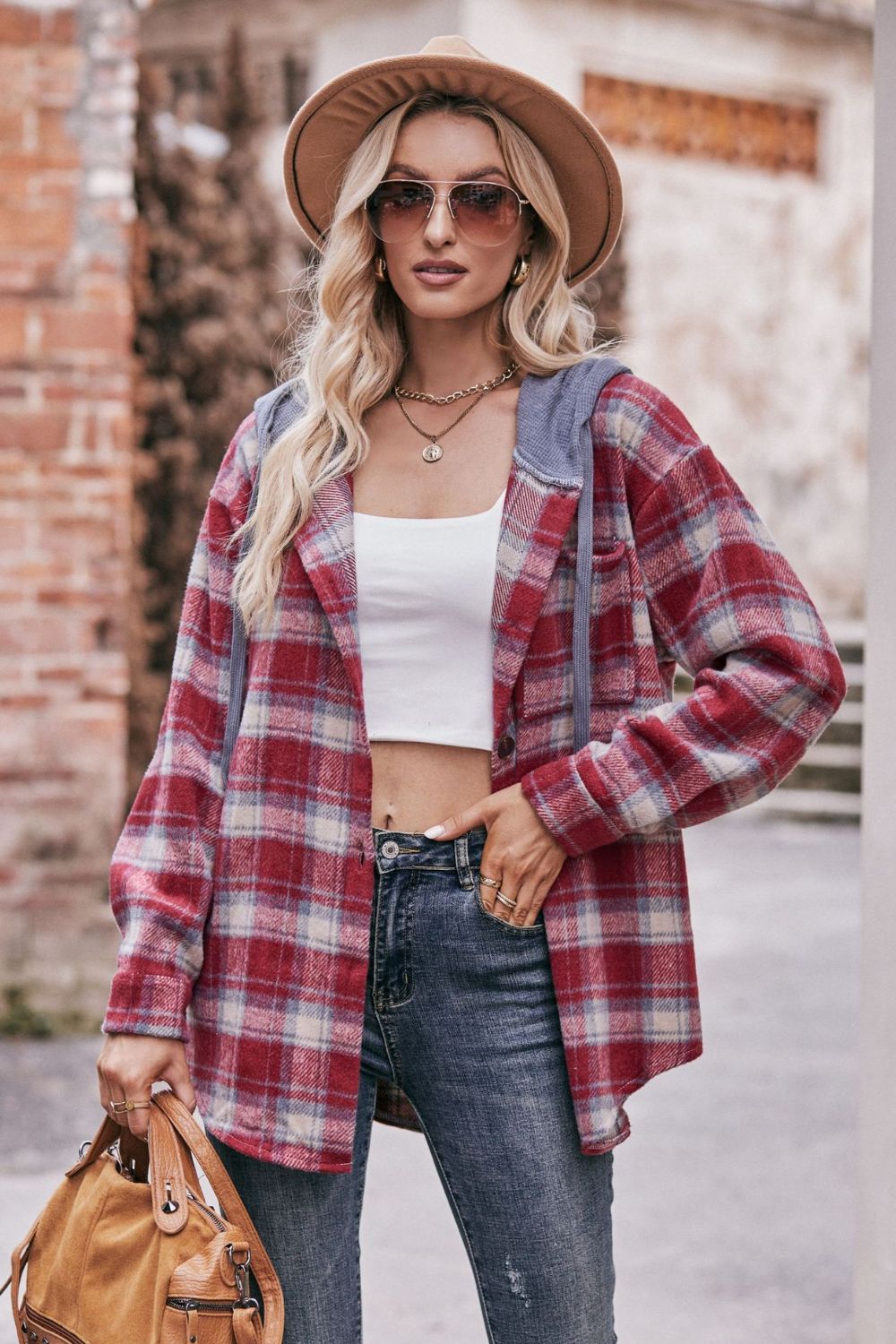 Mandy Women's Hooded Longline Plaid Jacket - Dropped Shoulders and Casual Style