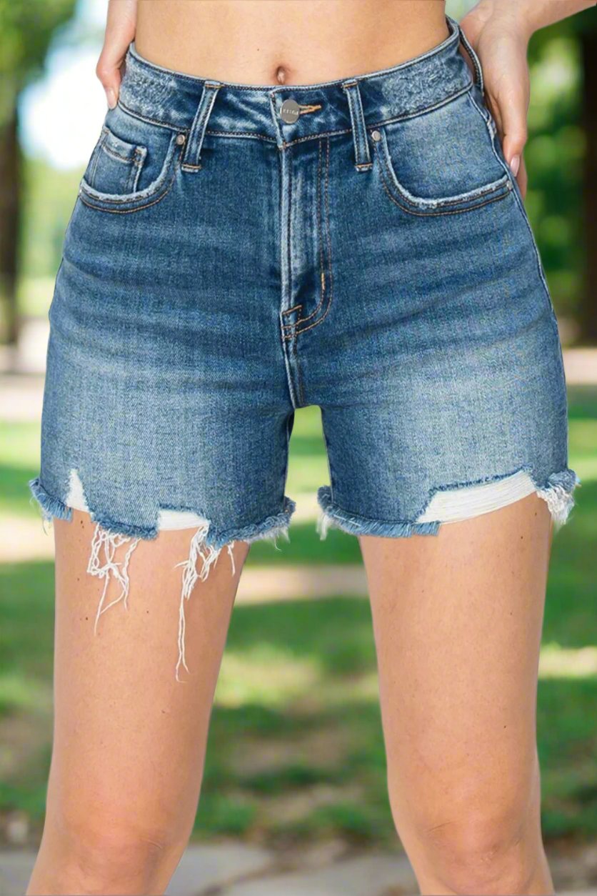 RISEN Women's High Rise Distressed Denim Shorts with Raw Hem – Summer Essential