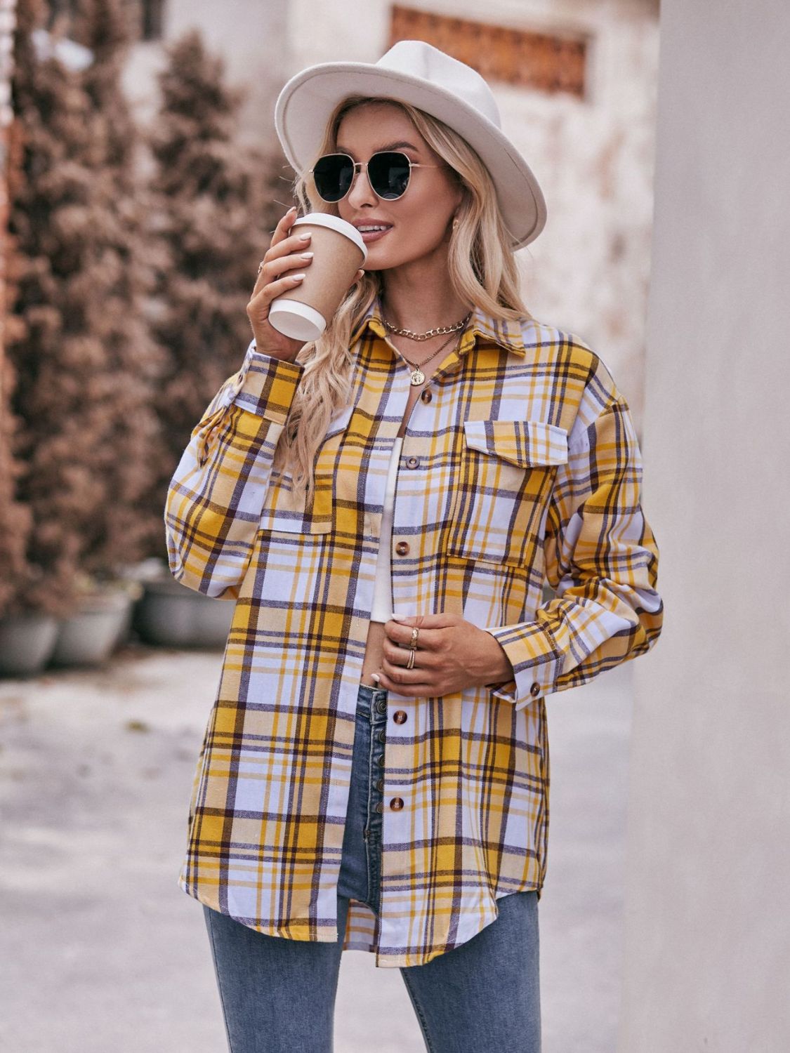 Women's Plaid Longline Shirt with Pockets - Dropped Shoulder Oversized Design