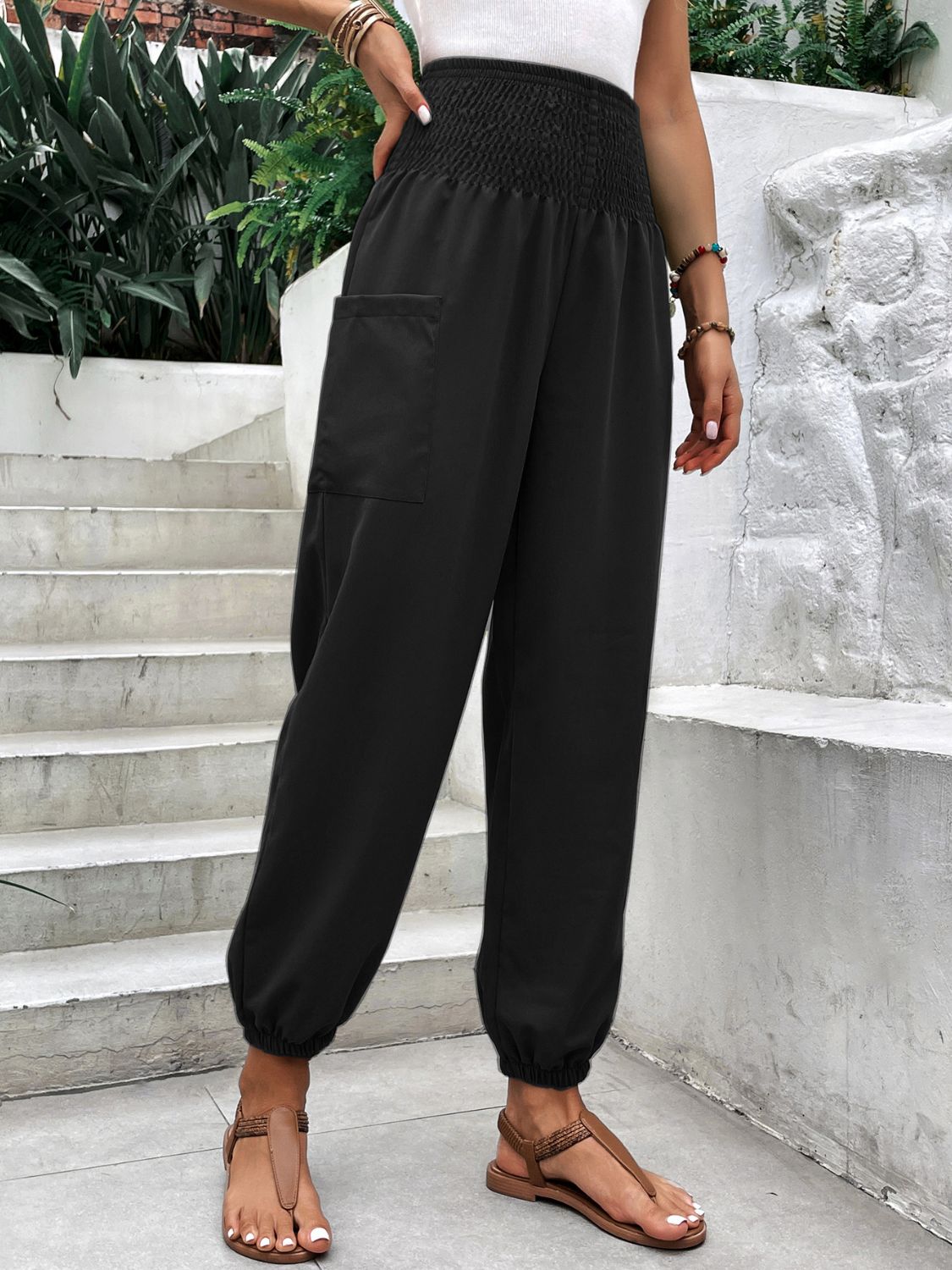 High Rise Smocked Joggers for Women with Pockets | Soft and Stretchy Polyester-Spandex Blend