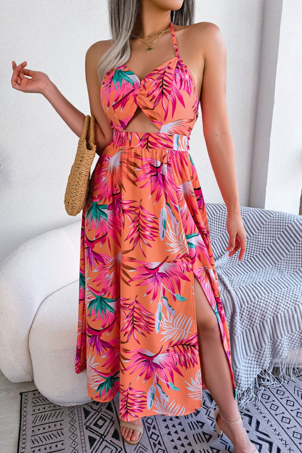 Boho Chic Botanical Print Dress with Tied Neckline and Cutout Slit for Women