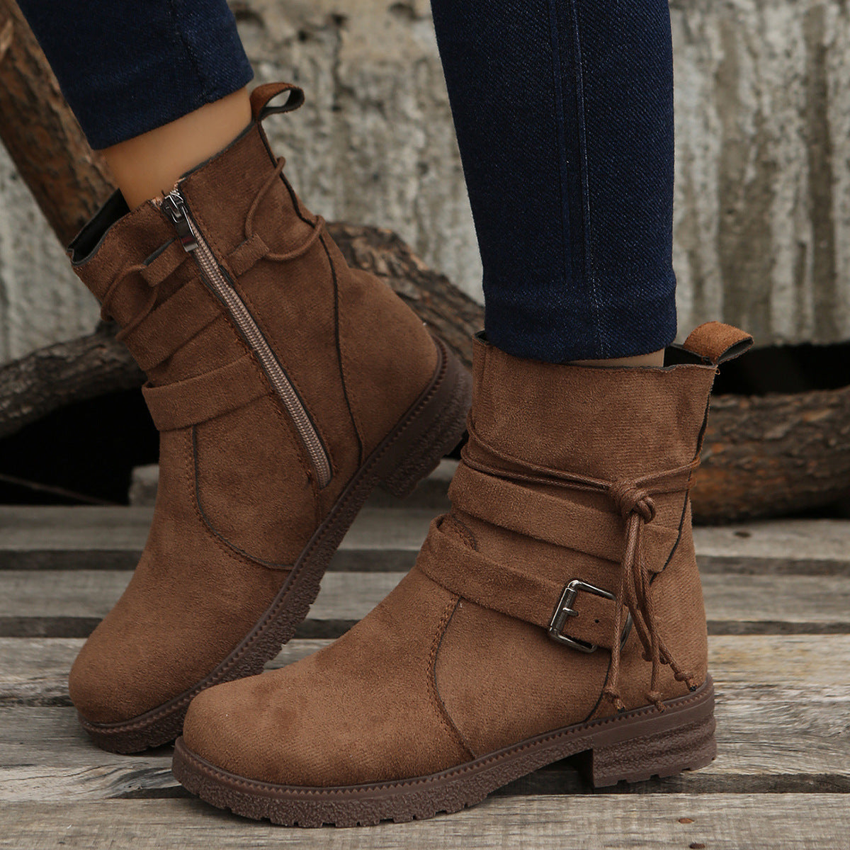 Stylish Women's Suede Side Zip Boots with Round Toe | All-Day Comfort Low Heel Footwear