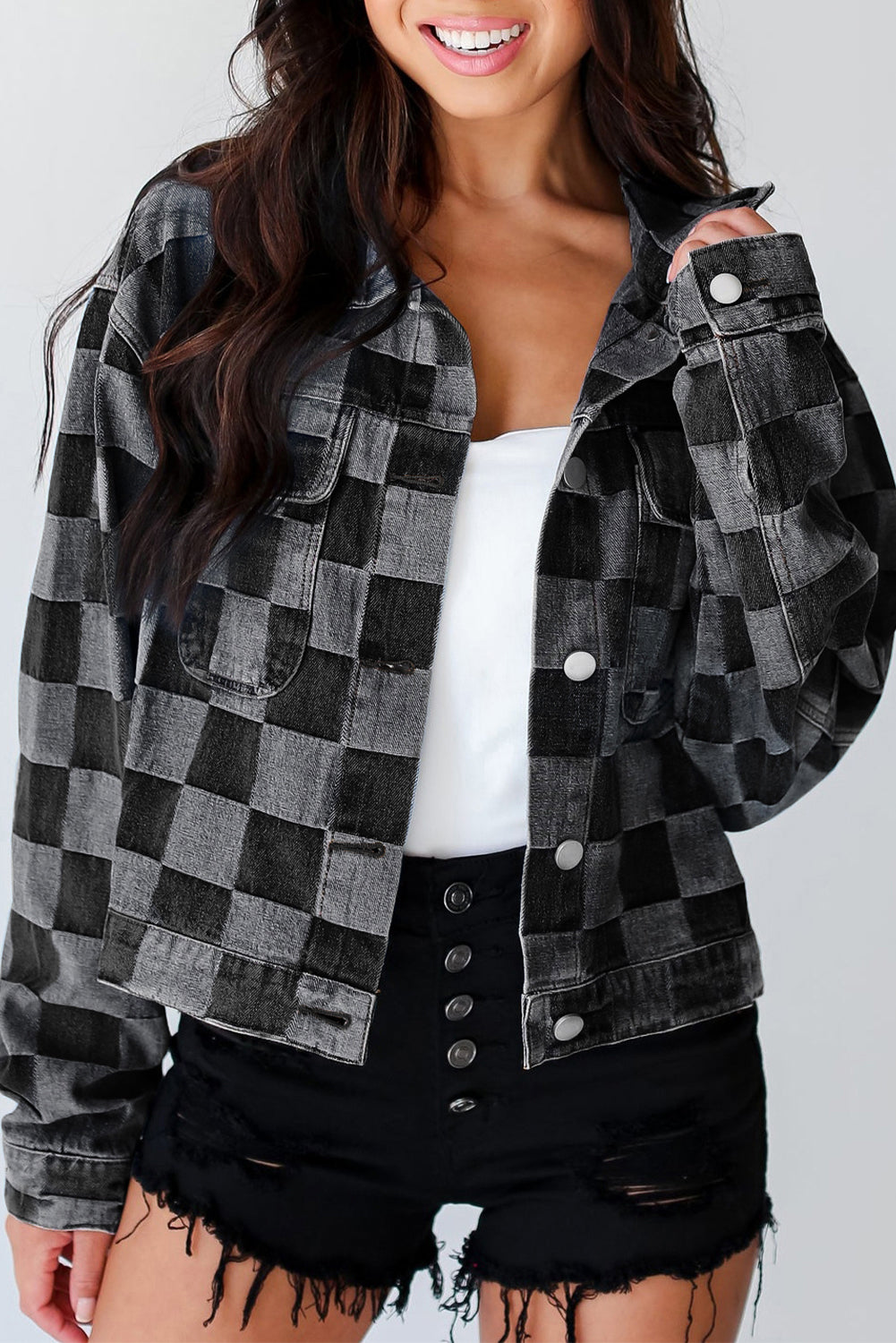 Women's Stylish Checkered Button-Up Denim Jacket with Pockets | Durable Cotton-Polyester Blend