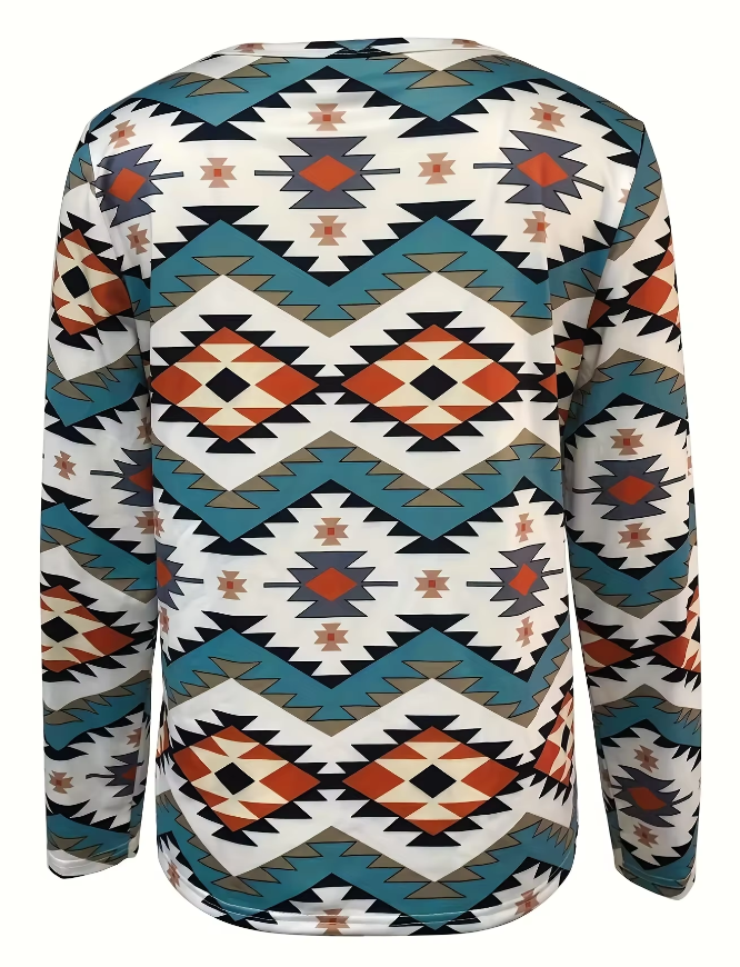 Women's Aztec Print V-Neck Long Sleeve Henley Shirt - Cotton Polyester Blend - Regular Fit