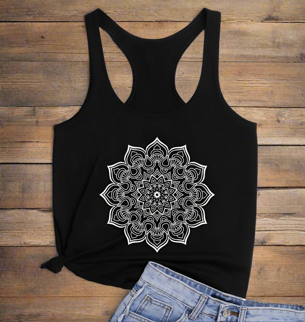 Women's Flower Art Graphic Print Racerback Tank Top in 100% Cotton Fabric