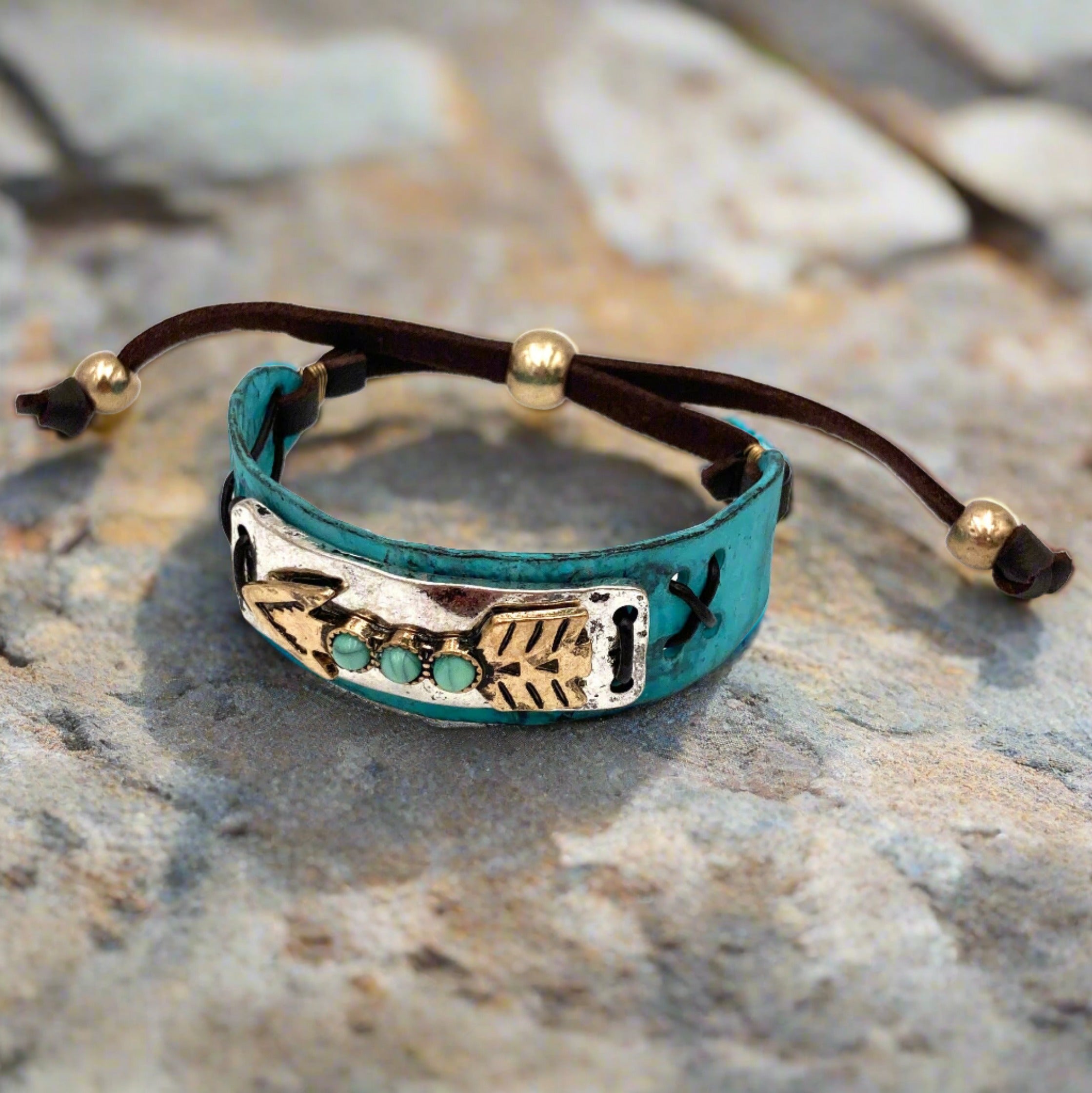 Lunar Deer Turquoise Stone Native Arrow Rope Western Cuff Bracelet