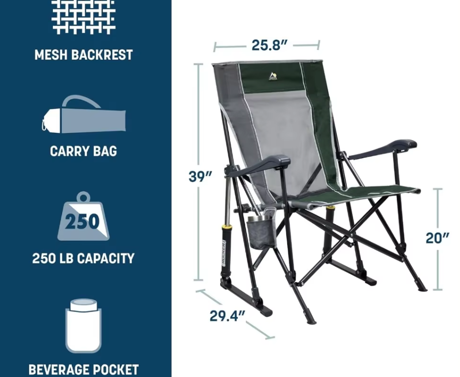 GCI Camping Rocking Chair with Beverage Holder and Armrests - Breathable Mesh and Sturdy Steel Frame