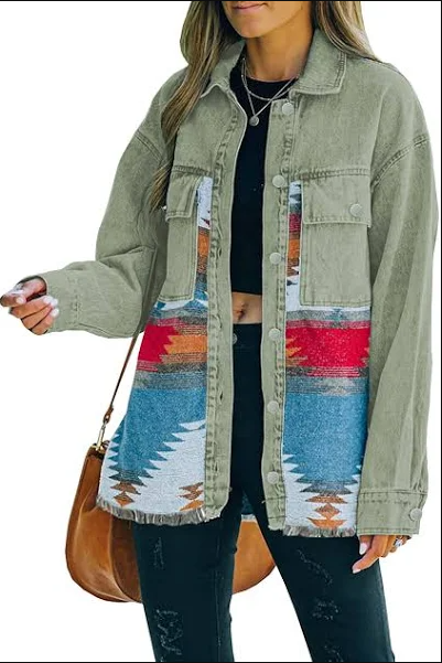 Aztec Distressed Denim Jacket for Women - Lapel Vintage Style