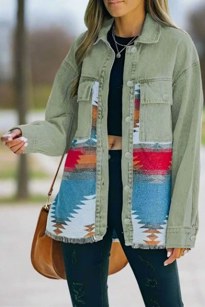 Aztec Distressed Denim Jacket for Women - Lapel Vintage Style