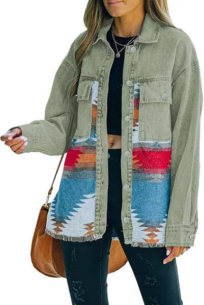 Aztec Distressed Denim Jacket for Women - Lapel Vintage Style