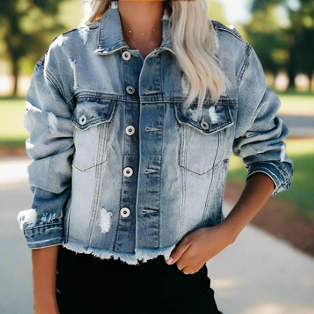 Women's Classic Denim Jacket with Tassel Decoration - 100% Cotton - Single Breasted Closure