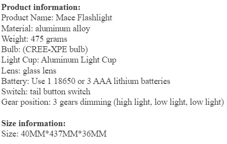 Outdoor Aluminum Alloy Mace Flashlight with 3 Dimming Settings - Powerful CREE-XPE Bulb Tail Button Switch and Multiple Battery Options