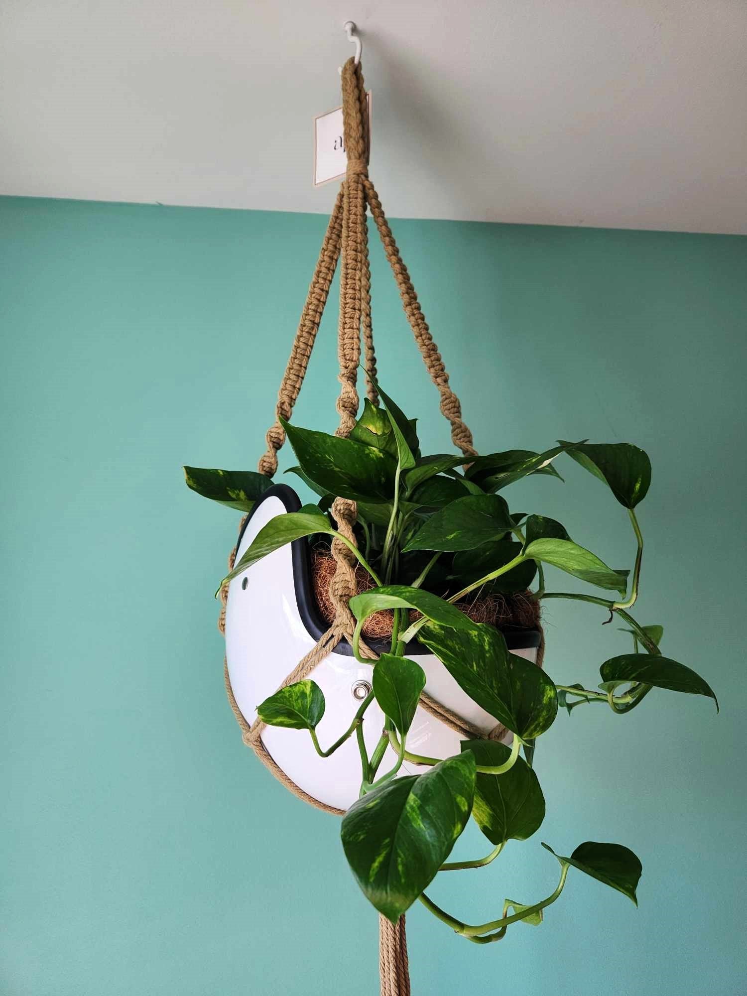 Vintage Open Face Motorcycle Helmet Planters with 100% Handmade Macrame Plant Hanger and Eco-friendly Coconut Fiber Liner