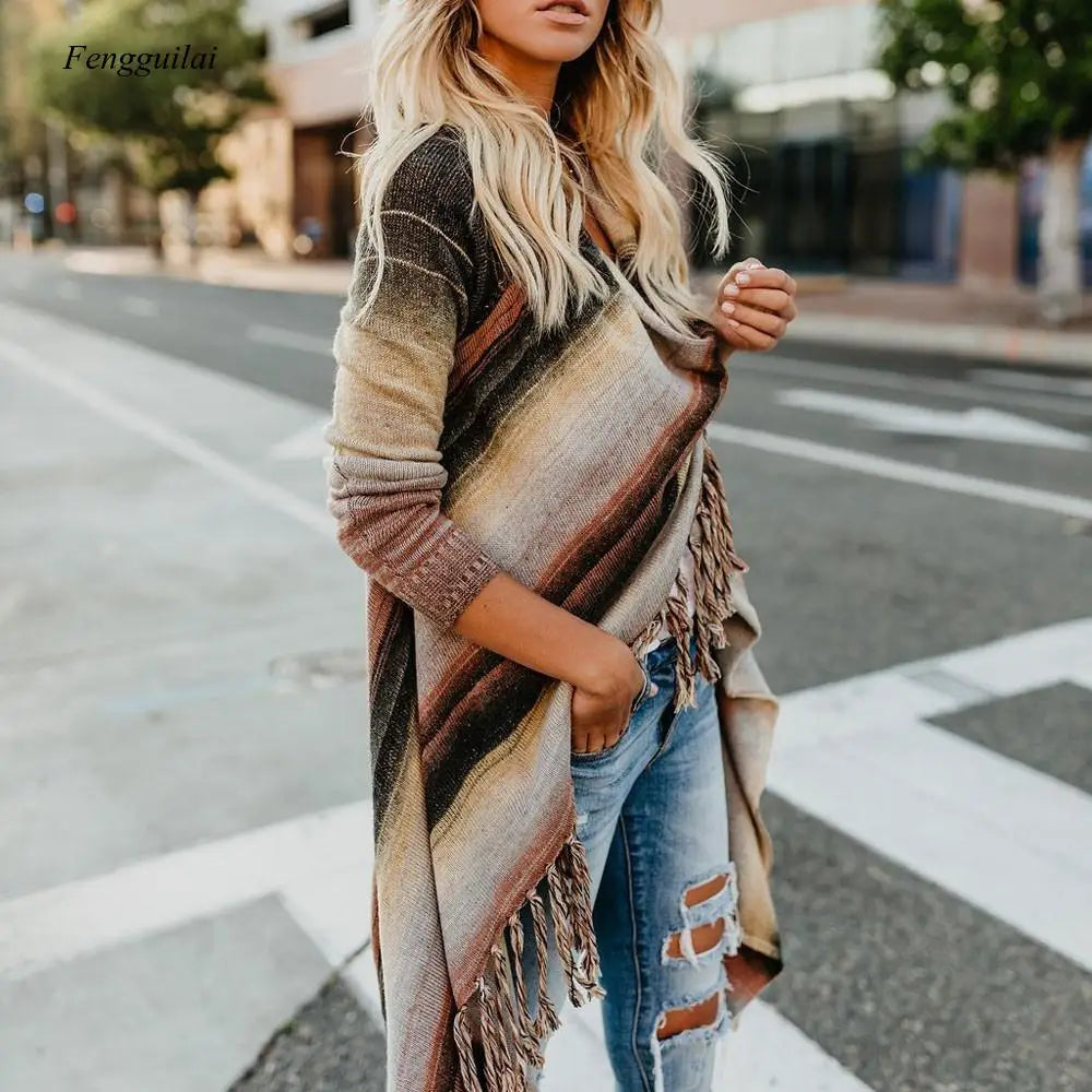 Women's Winter Striped Long-Sleeve Poncho Sweater with Tassels | Cozy Knitted Shawl Cardigan with Fringe Details