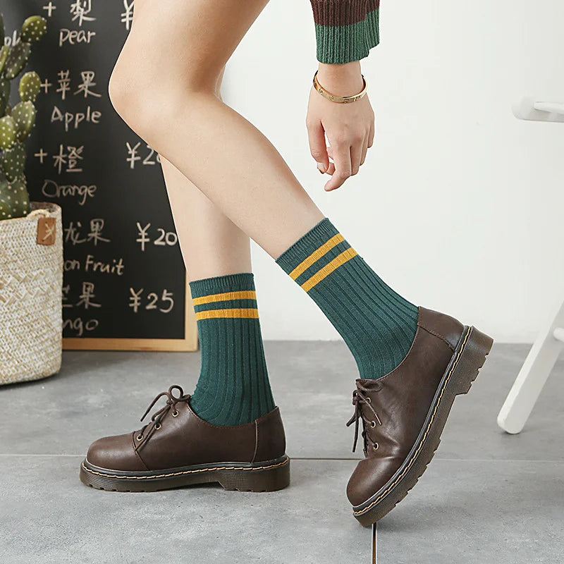 Women's Striped Retro Cotton Tube Socks - High-Quality Blend for Everyday Comfort and Style